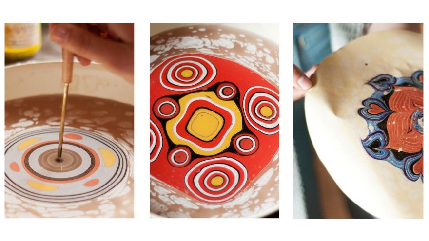 Relaksacinė mandalų tapyba ant vandens (EBRU) apvaliuose induose